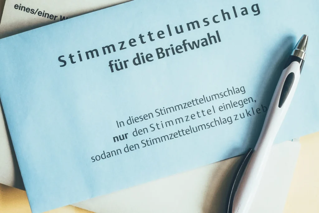Auf diesem Foto ist ein Wahlzettel für die Briefwahl in Deutschland zu sehen