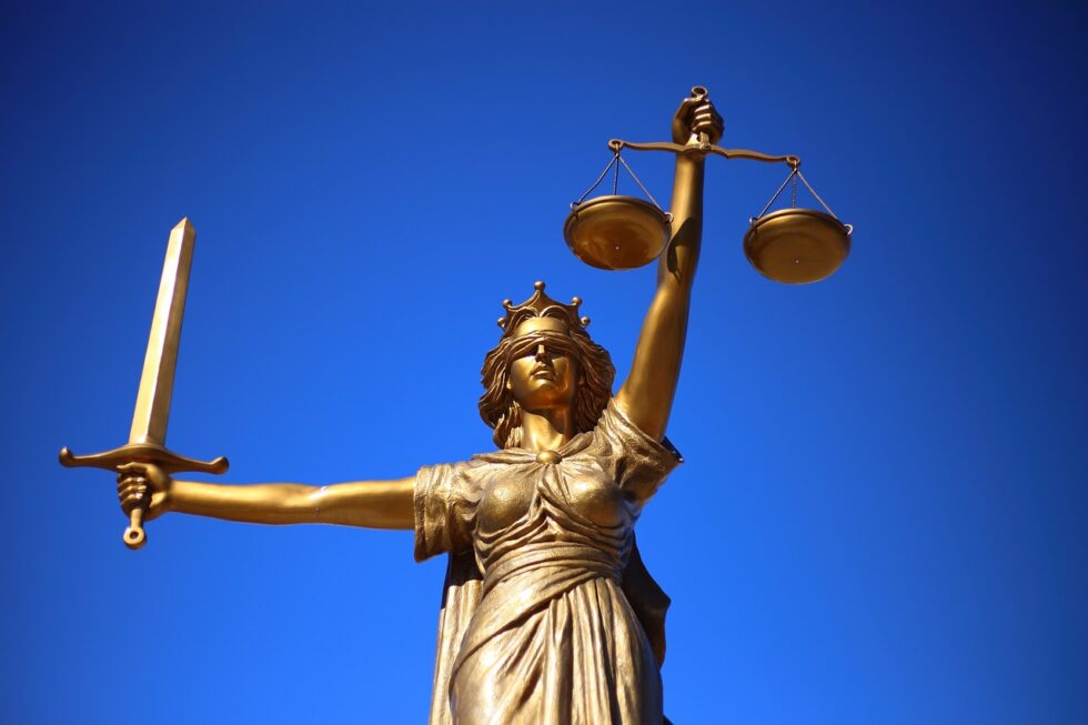 这幅画展示的是一位手持法官徽章和宝剑的女性半身像。背景是深蓝色的晴朗天空。