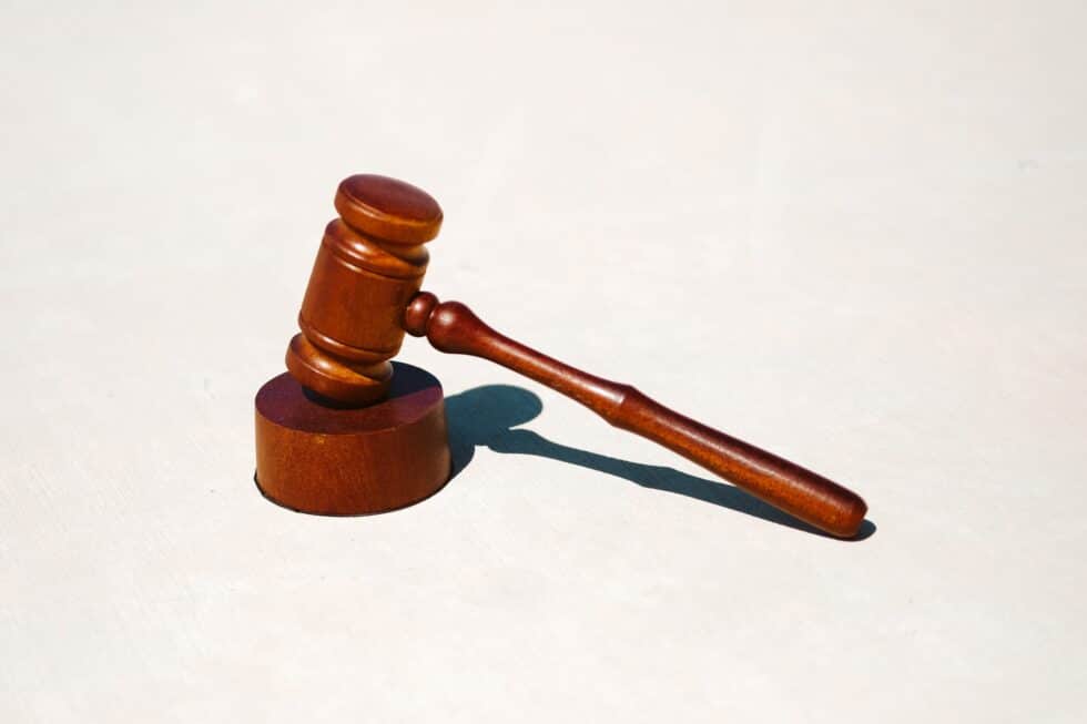 This picture shows a judge's gavel in brown on a white background. It casts a black shadow