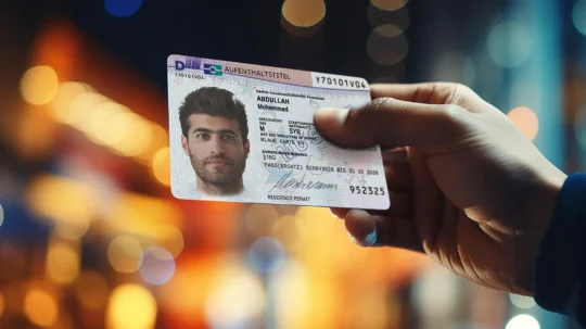 In this picture, a hand is holding a Residence permit &quot;EU Blue Card&quot;. The portrait of a man can be seen on the Residence permit .