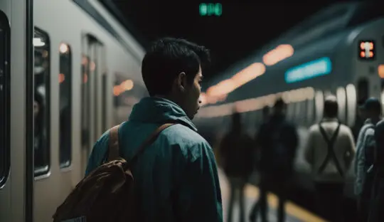 Ein Mann mit einem Rucksack steht im Kontext der Ausreisepflicht nach § 50 AufenthG an einem Bahngleis und wartet auf einen einfahrenden Zug