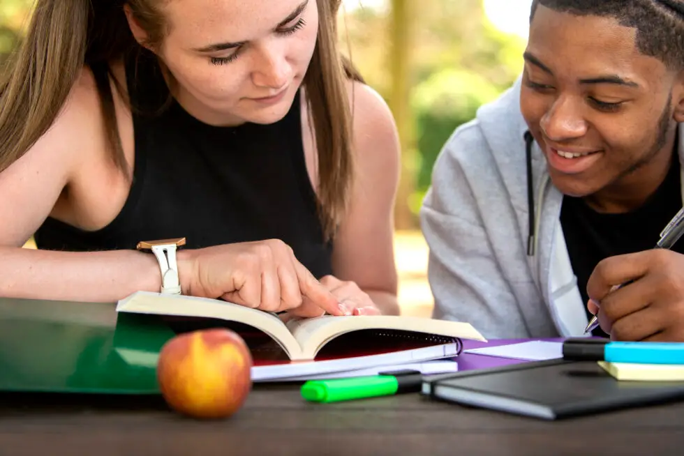 Zwei Schüler lernen gemeinsam im Freien, konzentriert über einem aufgeschlagenen Buch. Diese Szene zeigt die Vorbereitung auf Prüfungen, die für den Schulabschluss entscheidend sein können. Ein erfolgreicher Schulabschluss kann eine wichtige Rolle im Einbürgerungsprozess spielen, da er in einigen Fällen das B1-Sprachzertifikat ersetzt.