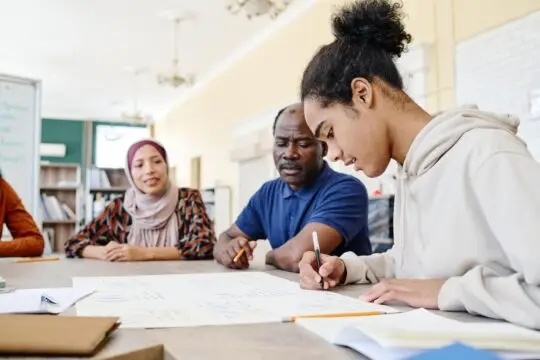 Teilnehmer von einem Integrationskurs arbeiten gemeinsam in einem Klassenraum. Eine diverse Gruppe von Erwachsenen, darunter eine Frau mit Kopftuch und ein Mann, helfen einem jungen Mann beim Schreiben. Sie diskutieren Inhalte des Kurses, der Sprachkenntnisse und gesellschaftliche Integration vermittelt. Im Hintergrund ist eine Tafel mit Notizen zu sehen.