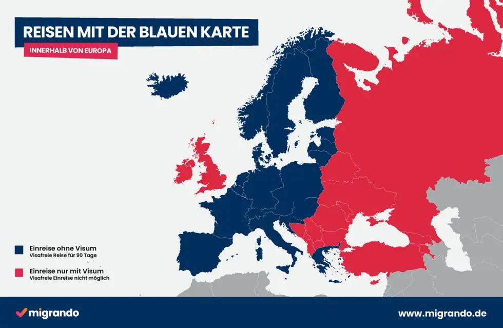 Hier sehen Sie eine Grafik mit allen Staaten in Europa in die Sie mit einer blauen Karte visafrei einreisen können und allen Staaten in Europa bei denen die visafreie Einreise nicht funktioniert. Die visafreien Staaten sind blau gekennzeichnet und die nicht visafreien Staaten in rot.