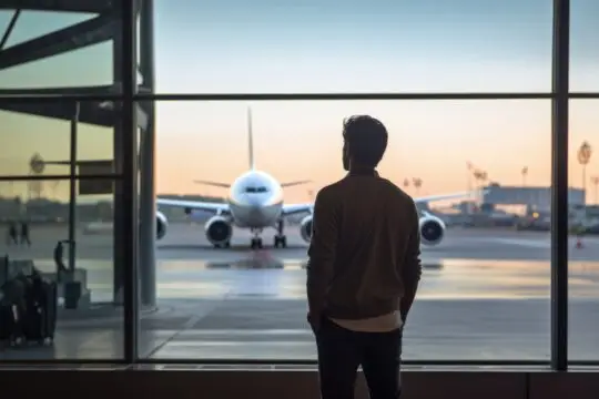 Ein Mann, der ein Einreise- und Aufenthaltsverbot gemäß § 11 AufenthG besitzt und durch ein Fenster am Flughafen auf ein Flugzeug schaut, während die Sonne untergeht.